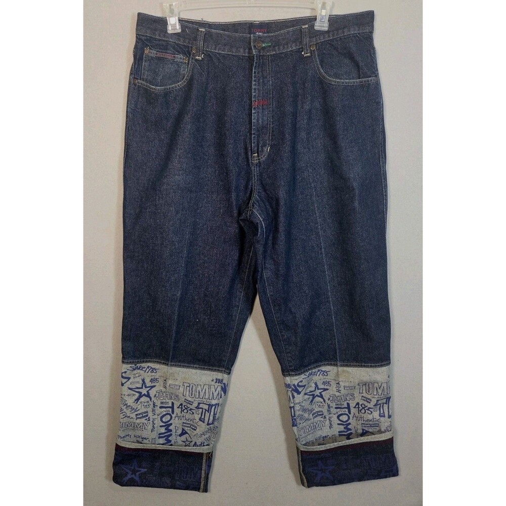 Vtg Tommy Hilfiger Jeans Mens 40x32 Blue Flipped Cuff Baggy Y2k Hip Hop Rare